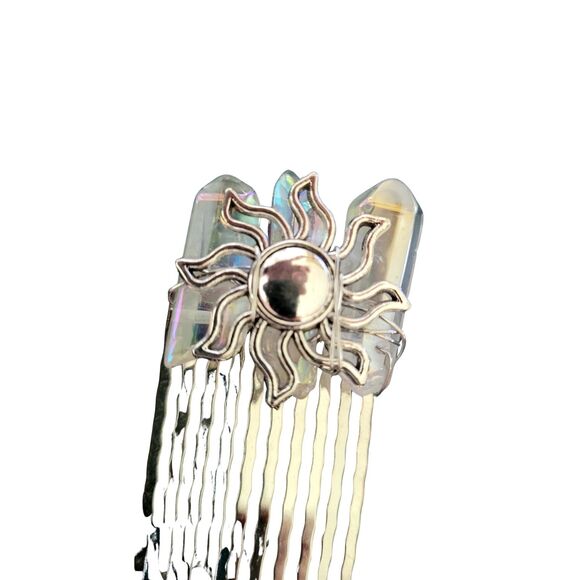 Bohemian Hair Comb Natural Quartz Crystals Solar Design Sunshine Silver Alloy - Picture 2 of 3